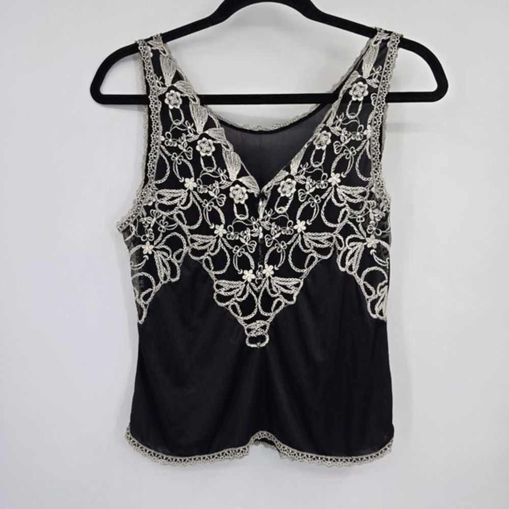 Vintage Black Floral Embroidered Lace Trim Sleeveless Camisole Tank Top